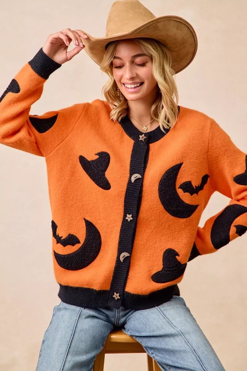 BiBi Halloween Witch Hat Moon Bat Artwork Cardigan
