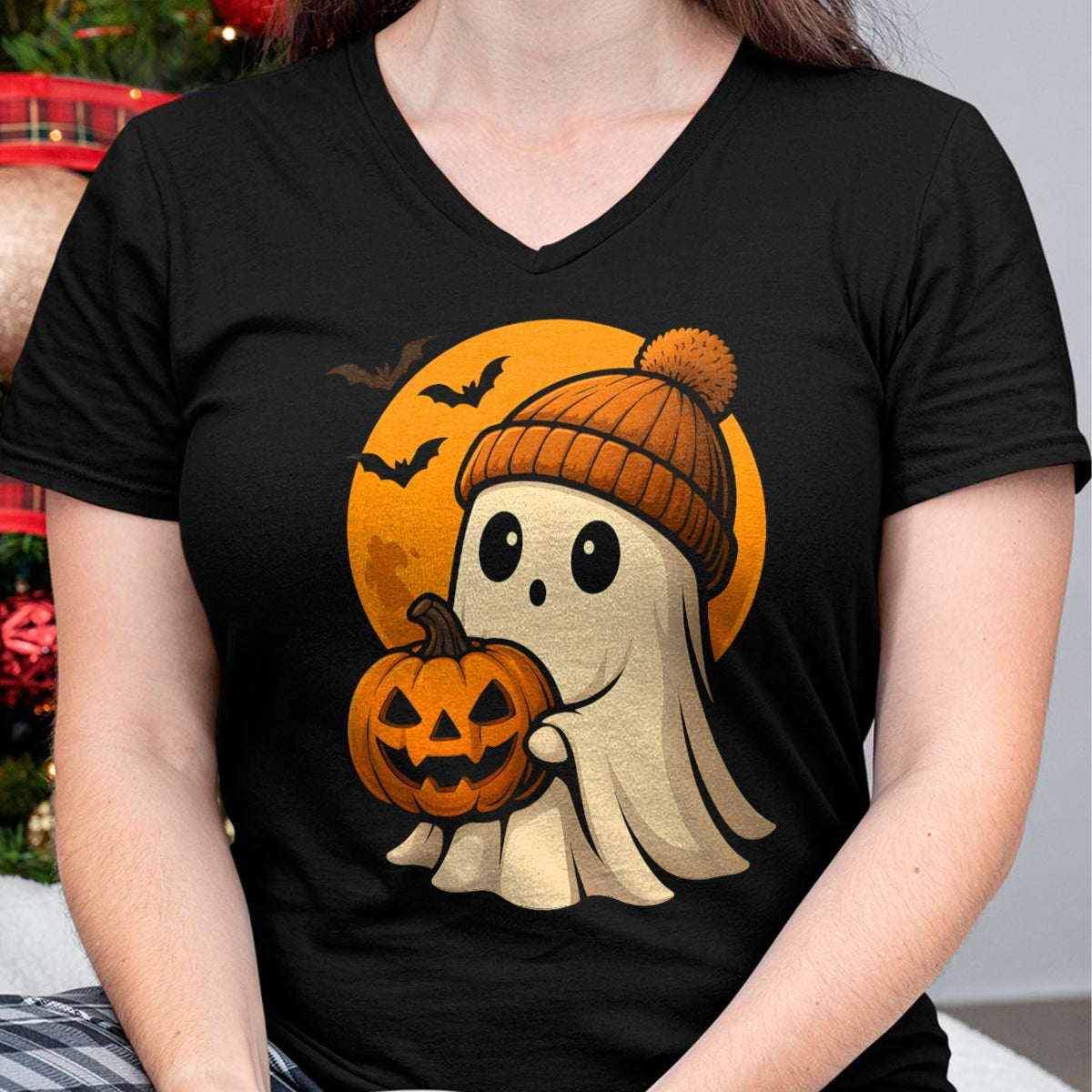 Cute Ghost with Pumpkin for Halloween Costume Party Spooky T-Shirt - Halloween Unisex T-Shirt/Hoodie - NGHL00