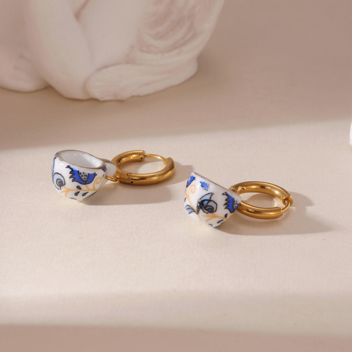 New Chinese Blue And White Porcelain Earrings, 18K Gold Plated Stainless Steel Ceramic Dainty Drop Earrings For Women
