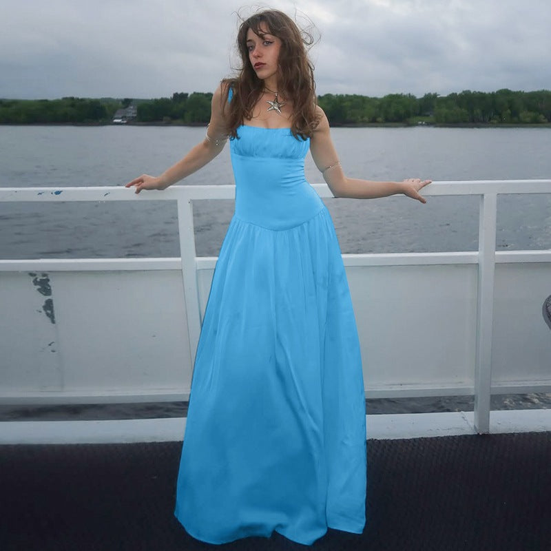 Off-neck Pleated Stitching High Waist Slimming Solid Color Sling Dress