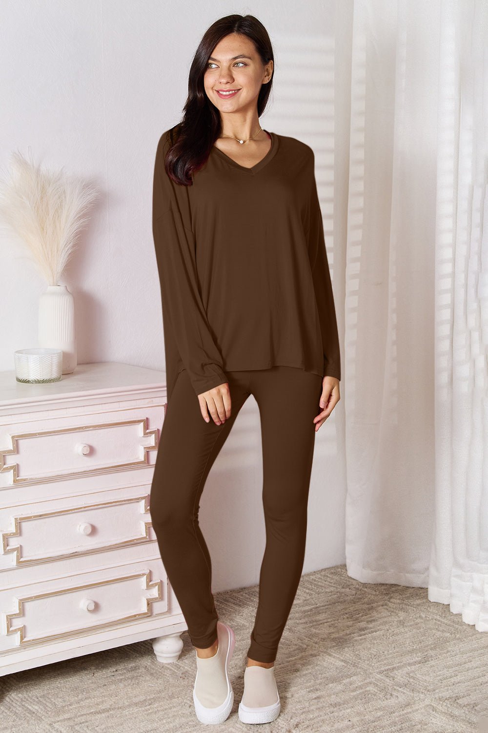Basic Bae Full Size V-Neck Soft Rayon Long Sleeve Top and Pants Lounge Set Loungewear for women