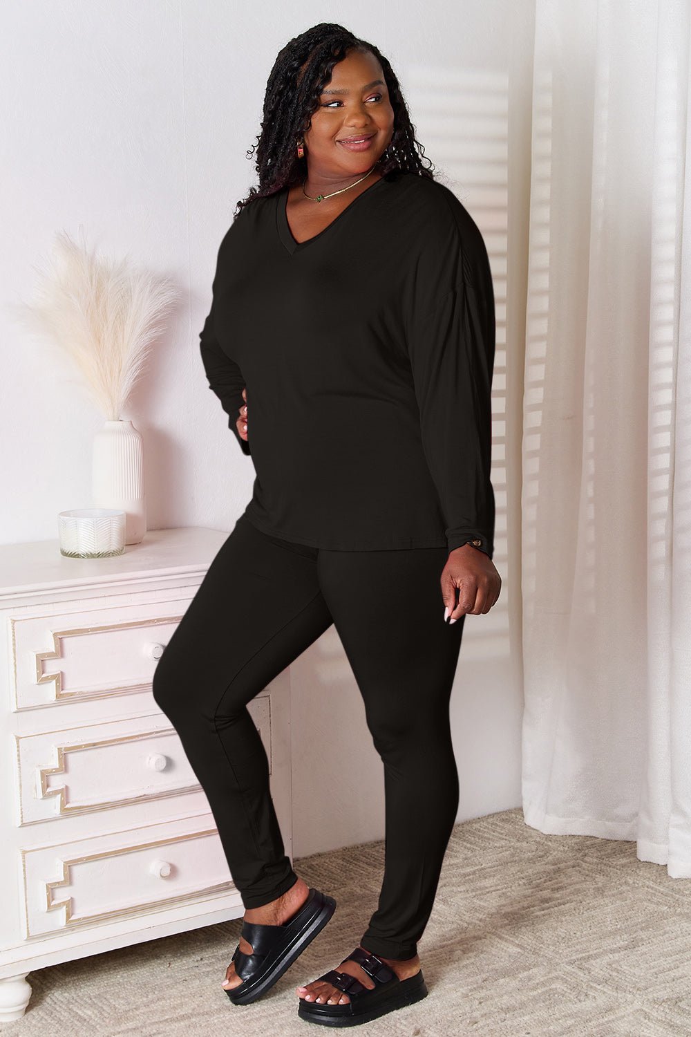 Basic Bae Full Size V-Neck Soft Rayon Long Sleeve Top and Pants Lounge Set Loungewear for women