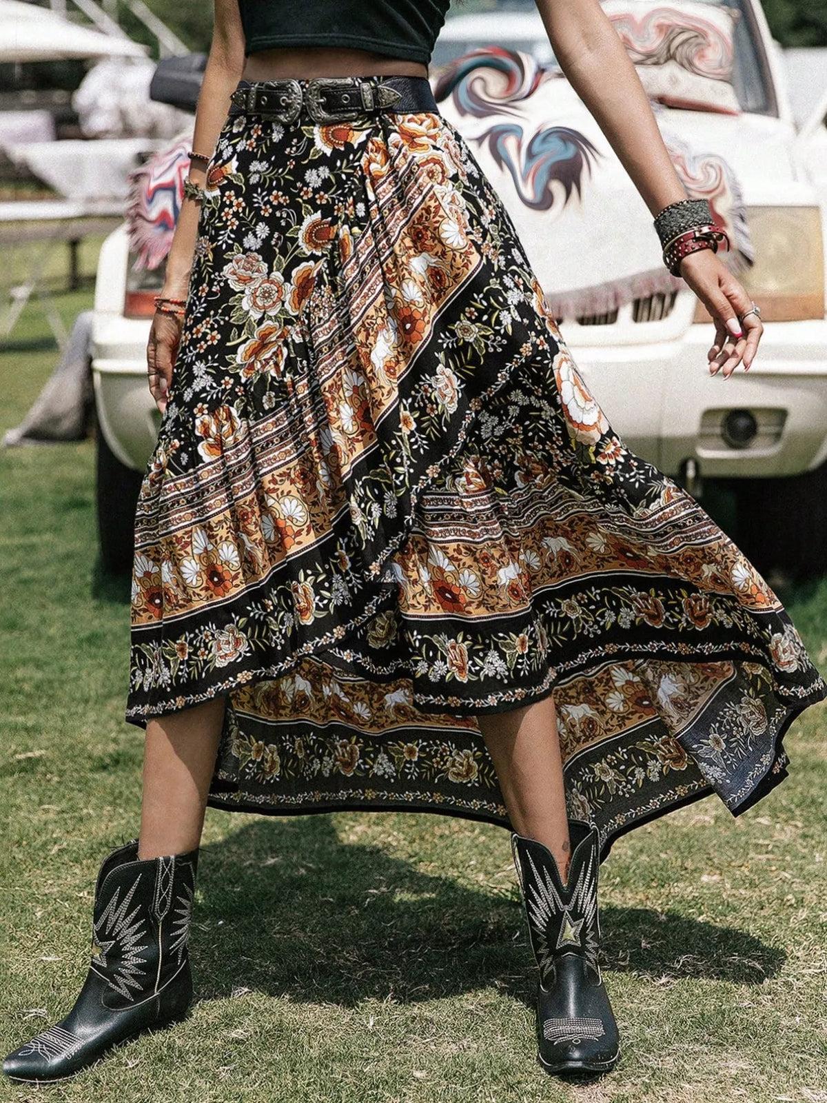 Boho Floral Print High-Low Skirt