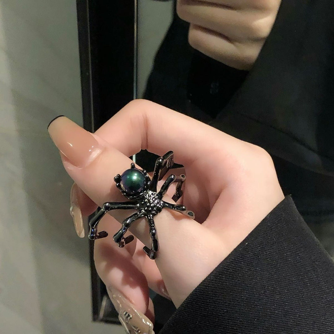 Dark Punk Spider Ring With Moonstone, Ins Style Unique Design, Minimalist Metal Cool Tone Adjustable Open Ring