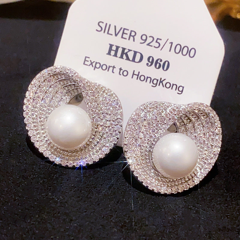 Silver Needle Zircon Irregular Round Pearl Fashionable All-Match Earrings