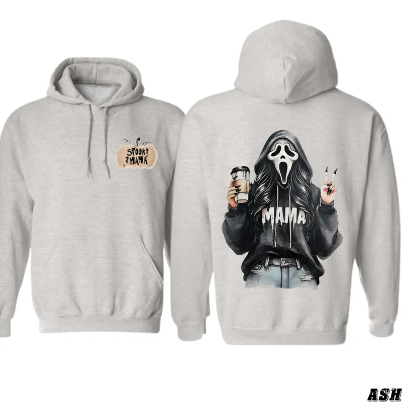 Spooky Mama Halloween Hoodie – Ghost Face Girl Drinking Coffee