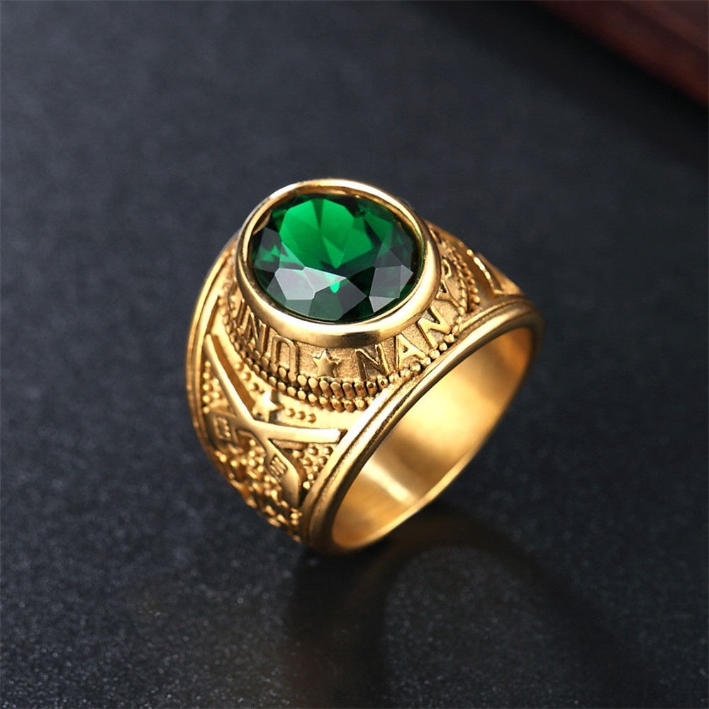 Personalized Punk Gemstone Mens Titanium Steel Military Navy Ring