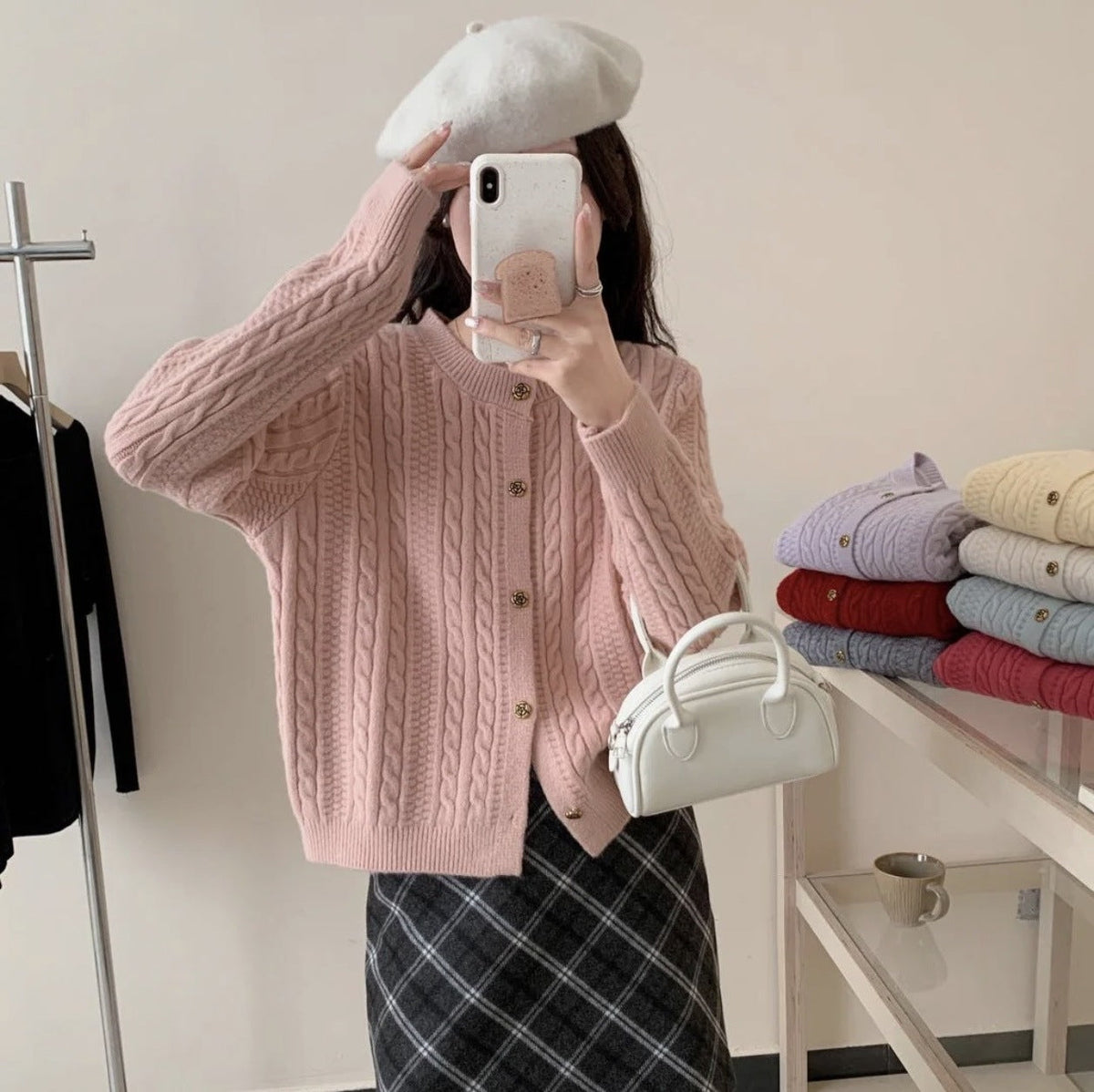 Retro Rose Flower Button Small Twist Knitwear Jacket For Women 2025 Autumn And Winter New Fashion Versatile Knitwear Cardigan