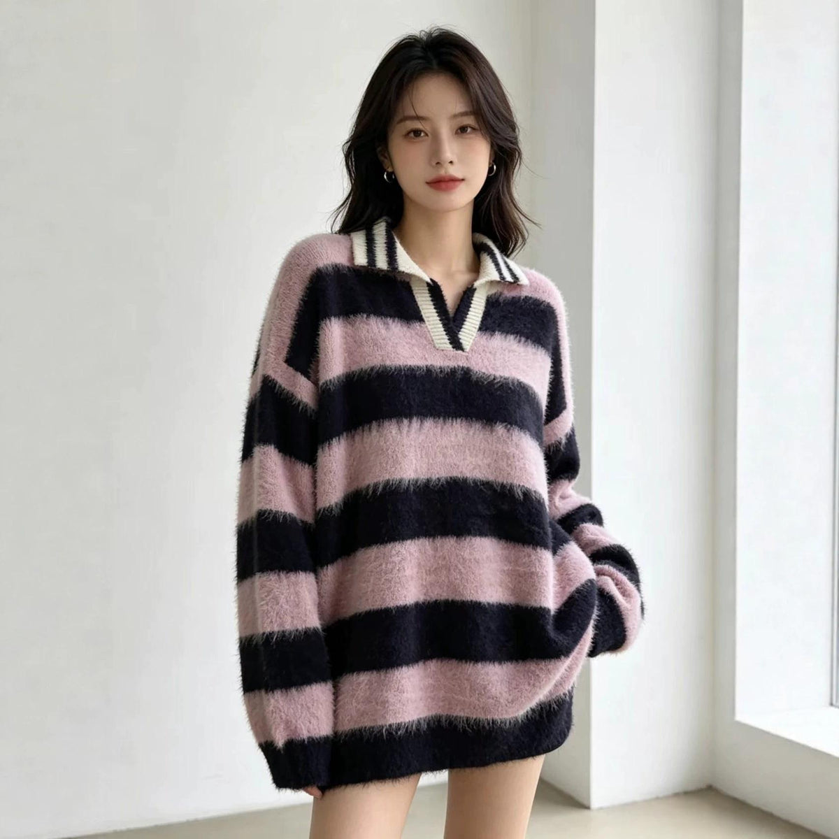 Retro Color-Block Striped Off-Shoulder Pullover Sweater For Women New AutumnWinter Top With Lapel Collar