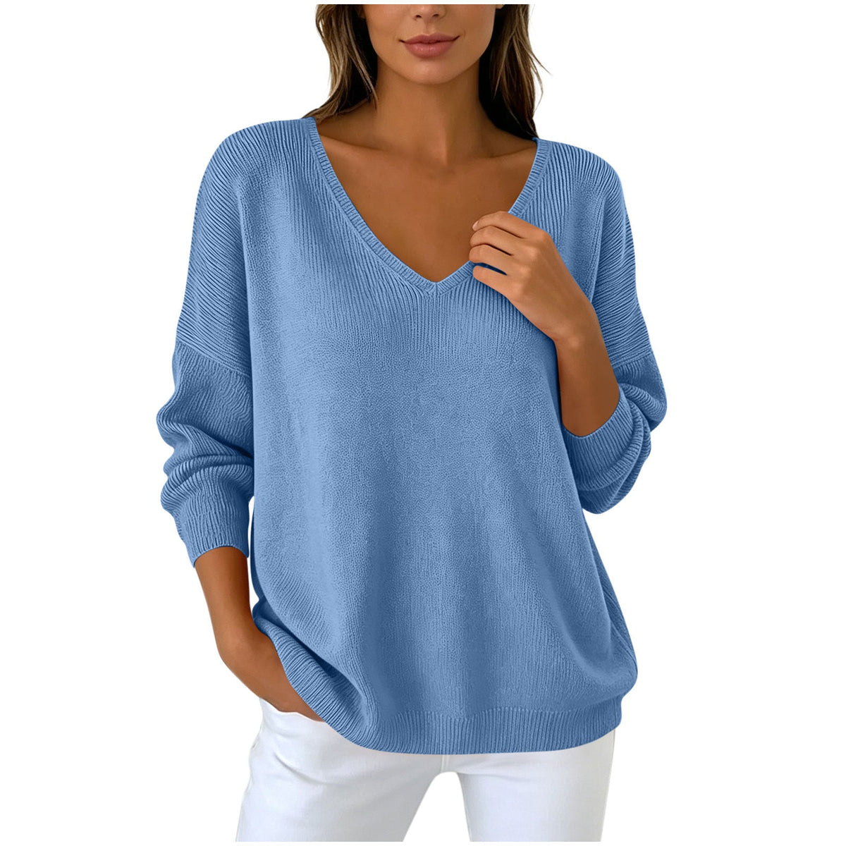 Autumn Winter Women's V-neck Long Sleeved Knitted Sweater Large Loose Shoulder Solid Color Top For Women