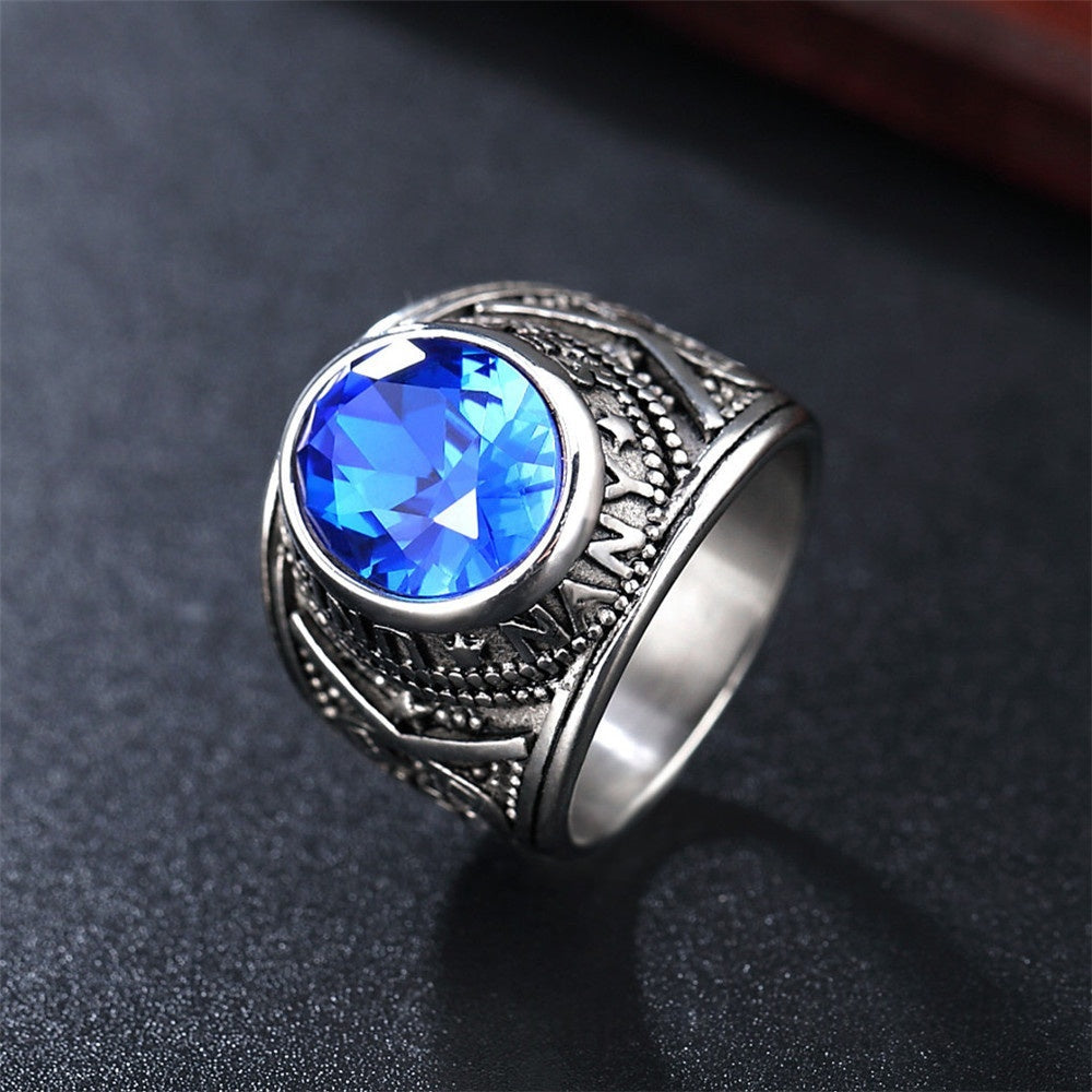 Personalized Punk Gemstone Mens Titanium Steel Military Navy Ring
