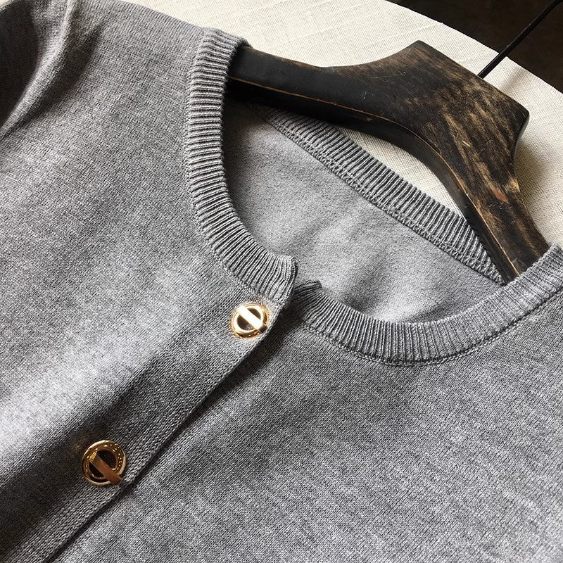 Core-spun Yarn French Style Knit Cardigan - Women's Round Neck Short Sweater Topcoat Casual Outerwear