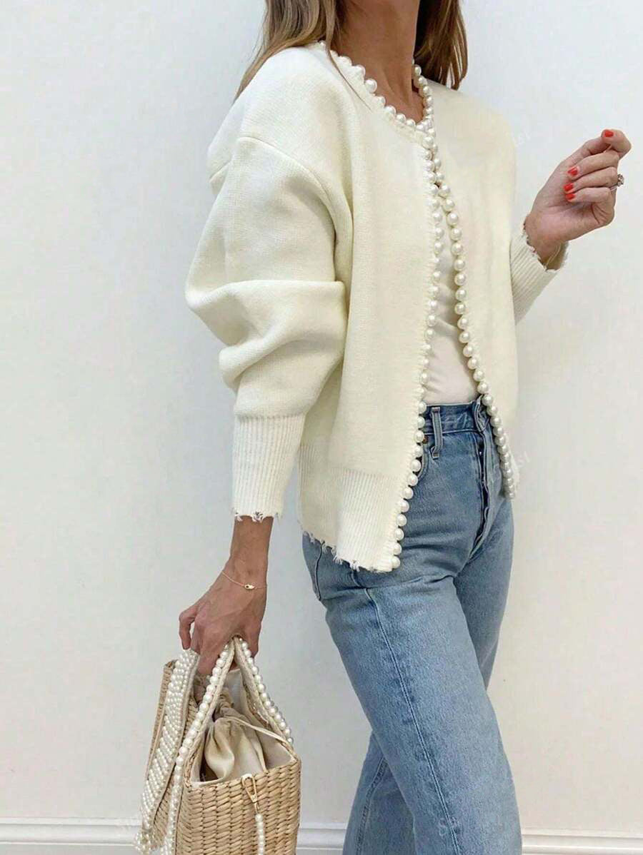 Cross-border European And American 2026 Round Neck Pearl Trim Knit Sweater Short Long Sleeve Heavy Craft Cardigan Fashion Coat For Women