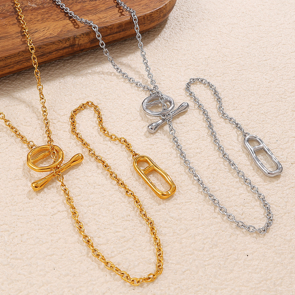 Japanese Style Minimalist Long Sweater Chain Necklace, Stainless Steel Pig Nose Pendant With OT Clasp, Fashion Simple Jewelry