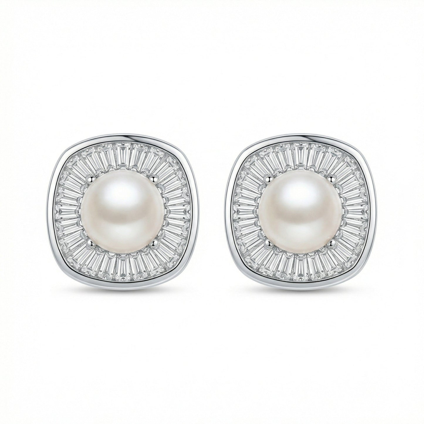 925 Sterling Silver Radiant Pearl and Tapered Baguette CZ Cushion Halo Stud Earrings