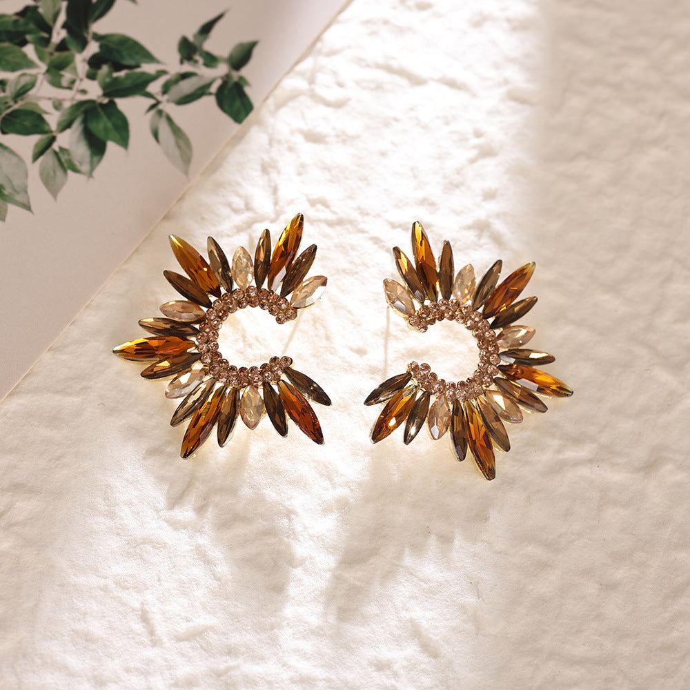 Cross Border Zircon Sunflower Earrings Gradient Marquise Crystal C Loop Flower Earrings Party Alloy Stud Ear Jewelry Wholesale