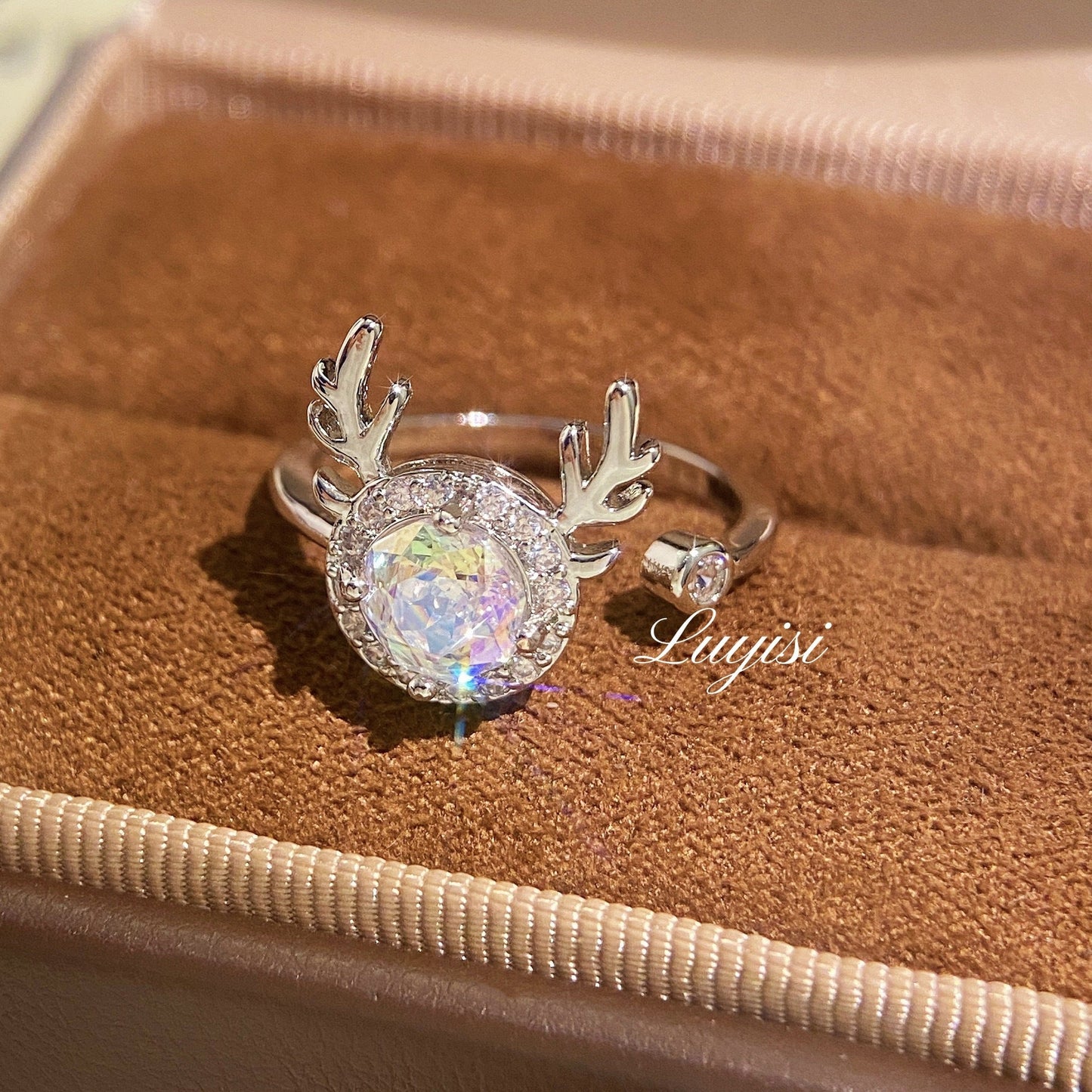 Dainty Purple Crystal Deer Head Ring, Adjustable Stackable Ring, Fashion Jewelry For Women Daily Wear