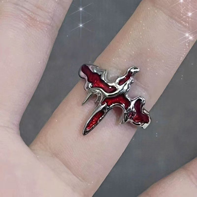 Gothic Cross Red Zircon Open Ring - Y2K Subculture Jewelry