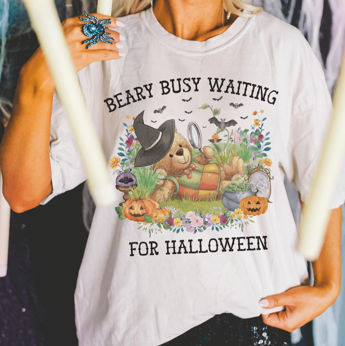 Cute Bear Halloween Tee Shirt with Flowers