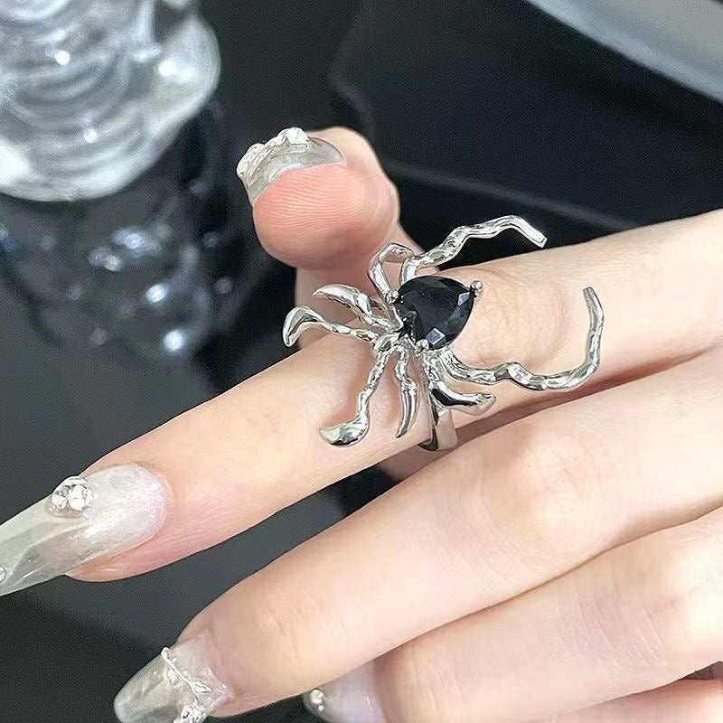 Dark Retro Black Gem Spider Nail Ring, Niche Design Advanced Cool Style Open Adjustable Ring