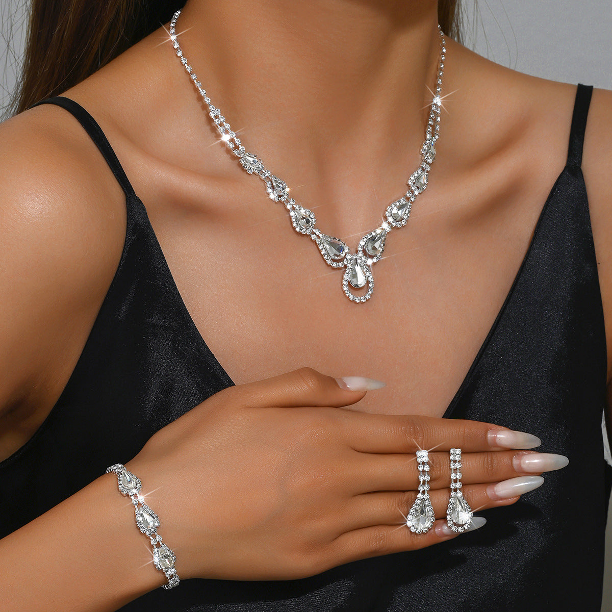 Women Simulated Sapphire Teardrop Halo 3Pcs Jewelry Set, V Neck Necklace Long Drop Earrings Thin Tennis Bracelet Gold Rhodium Two Tone Plated For Wedding Pageant September Birthstone Gift