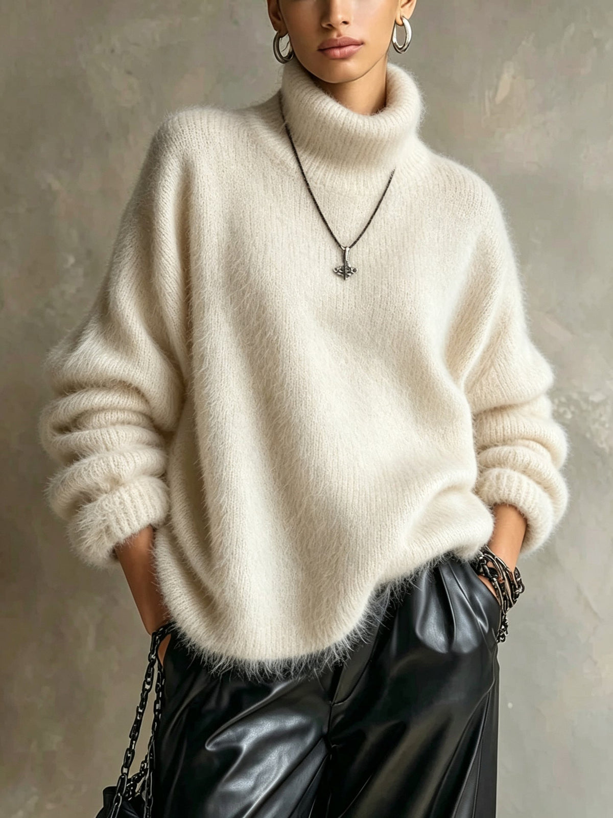 Womens Solid-color Loose-fitting Turtleneck Sweater In Soft Plush Knit