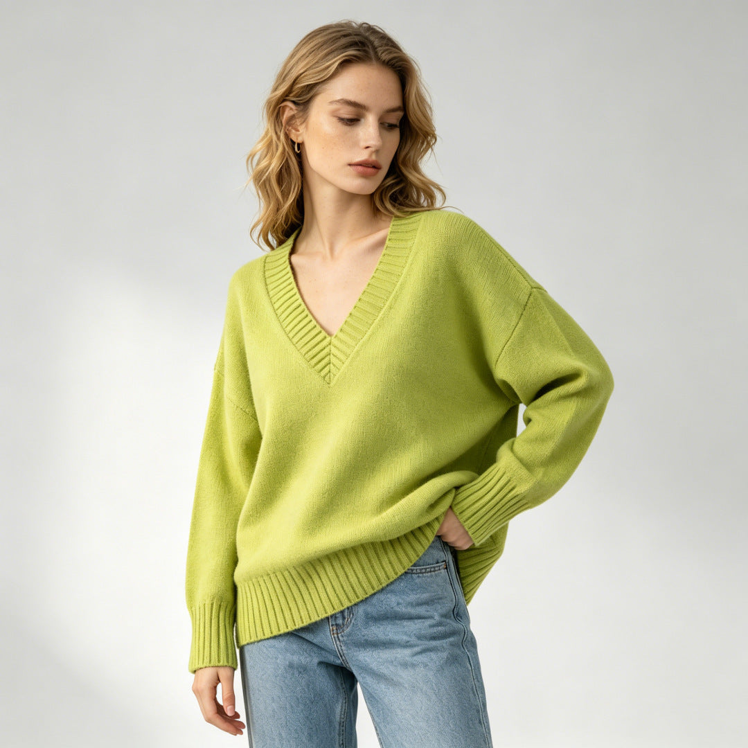 Women's Loose-fit V-neck Casual All-match Knit Sweater