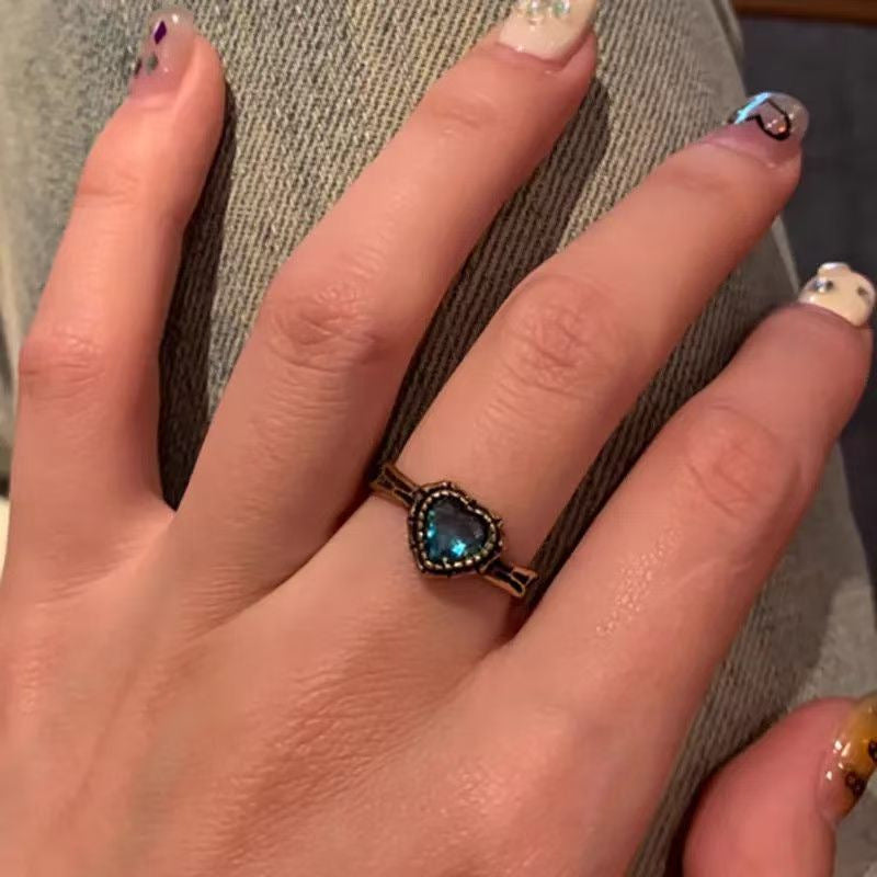 Vintage Distressed Chain Blue Zircon Open Ring, Unisex Niche Design Jewelry