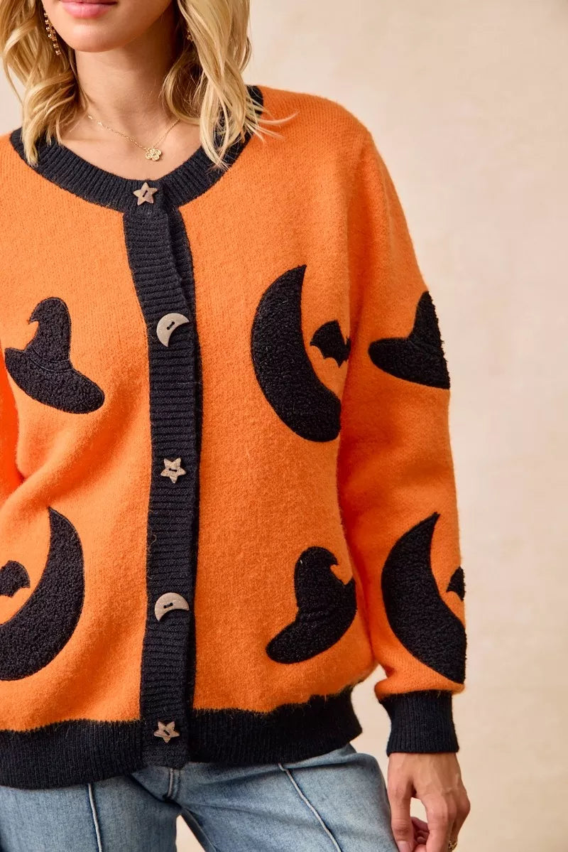 BiBi Halloween Witch Hat Moon Bat Artwork Cardigan