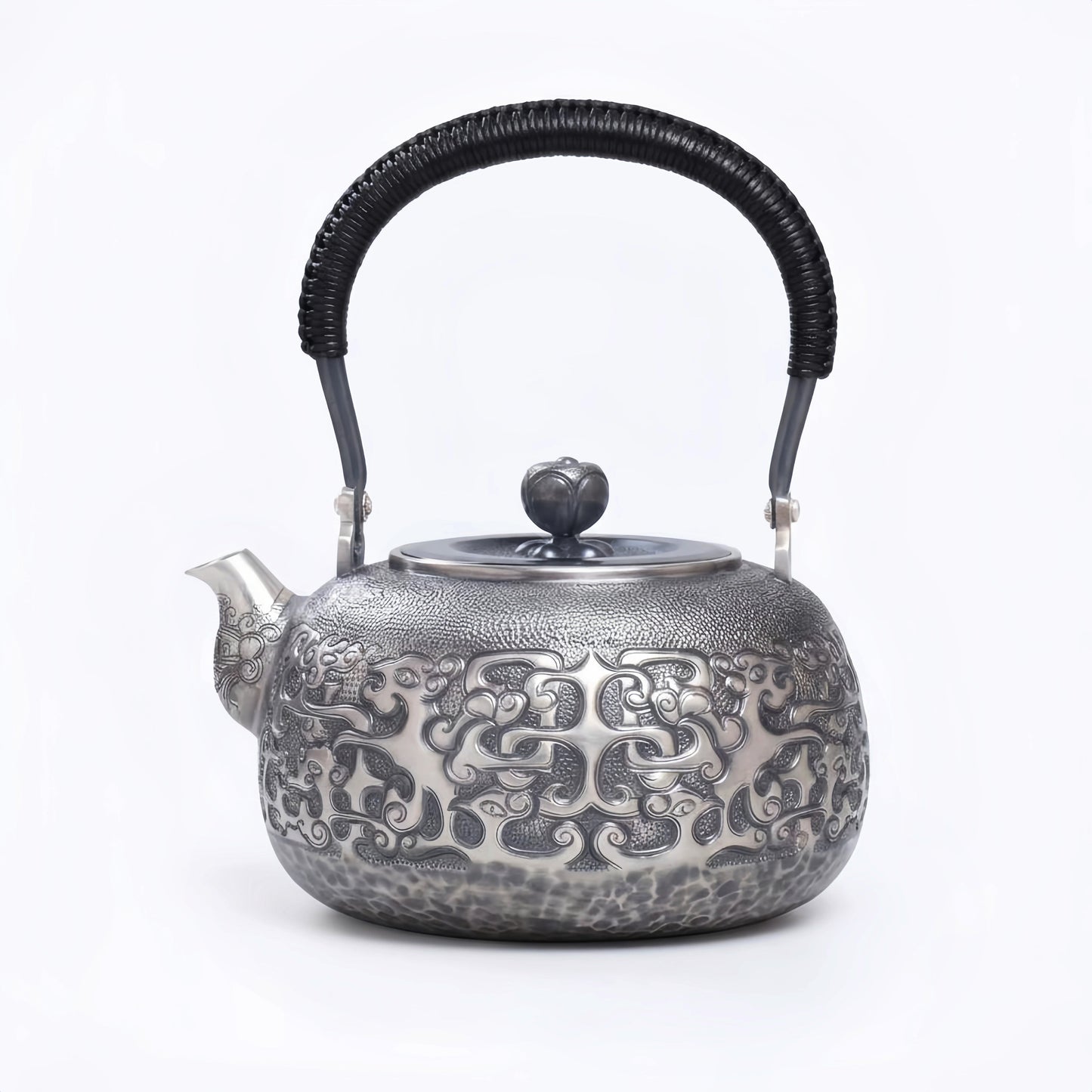 Pure 999 Fine Silver Elegant  Teapot with Intricate Cloud Patterns and Coiled Black Handle-Fine large teapot - Handicraft
