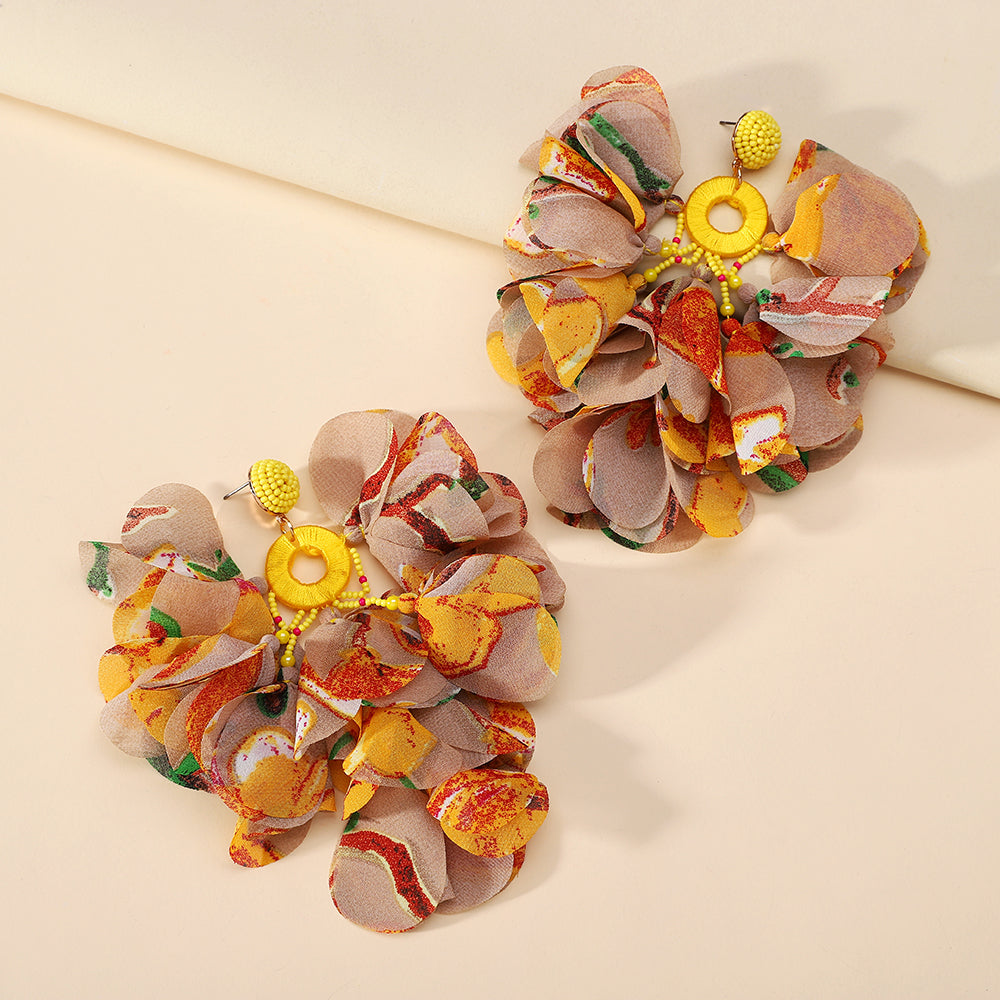 Handmade Bohemian Beaded Chiffon Flower Tassel Earrings For Women Tropical Vacation Statement Jewelry