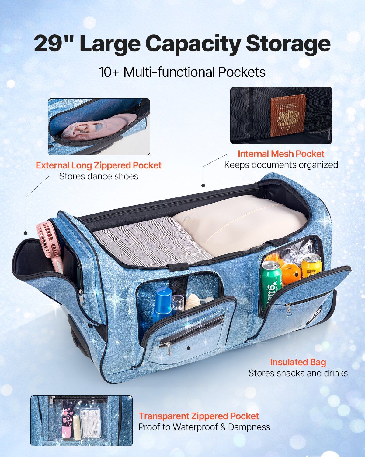 VEVOR Dance Bag with Garment Rack, 29 Inch Rolling Dance Duffel, with Wheels, USB Port, Height Adjustable Clothes Rack, Privacy Protection Curtain, Ideal for Travel and Competitions, Sparkling Blue