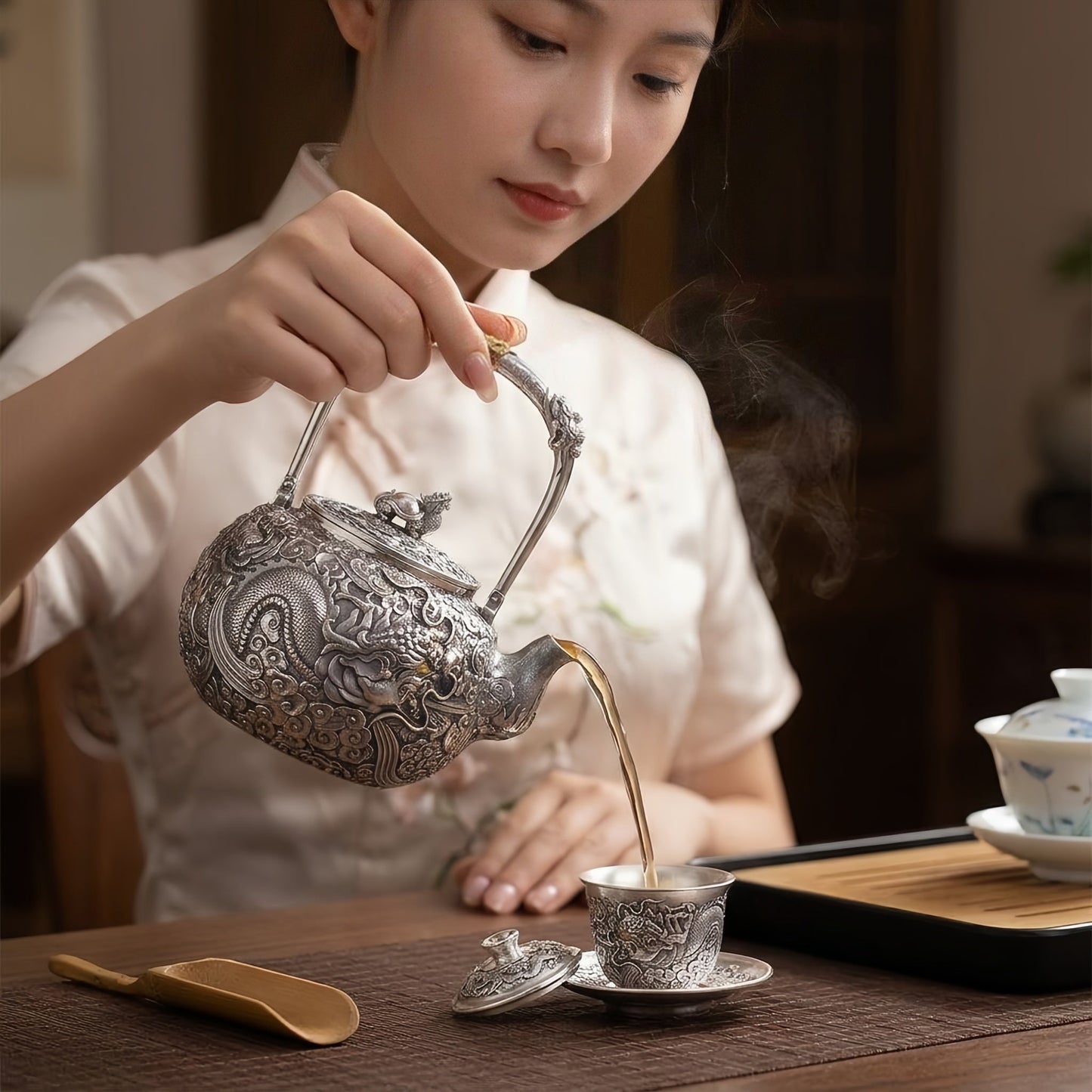 Pure 999 Fine Silver Elaborate Hand-Carved Silver Teapot with Majestic Dragon Motif and Ornate High Handle - Handicraft