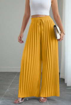 European And American Spring And Summer Women's New Trousers Amazon Independent Station Pure Color Pleated Elastic Waist Lace-Up Loose Wide-Leg Pants