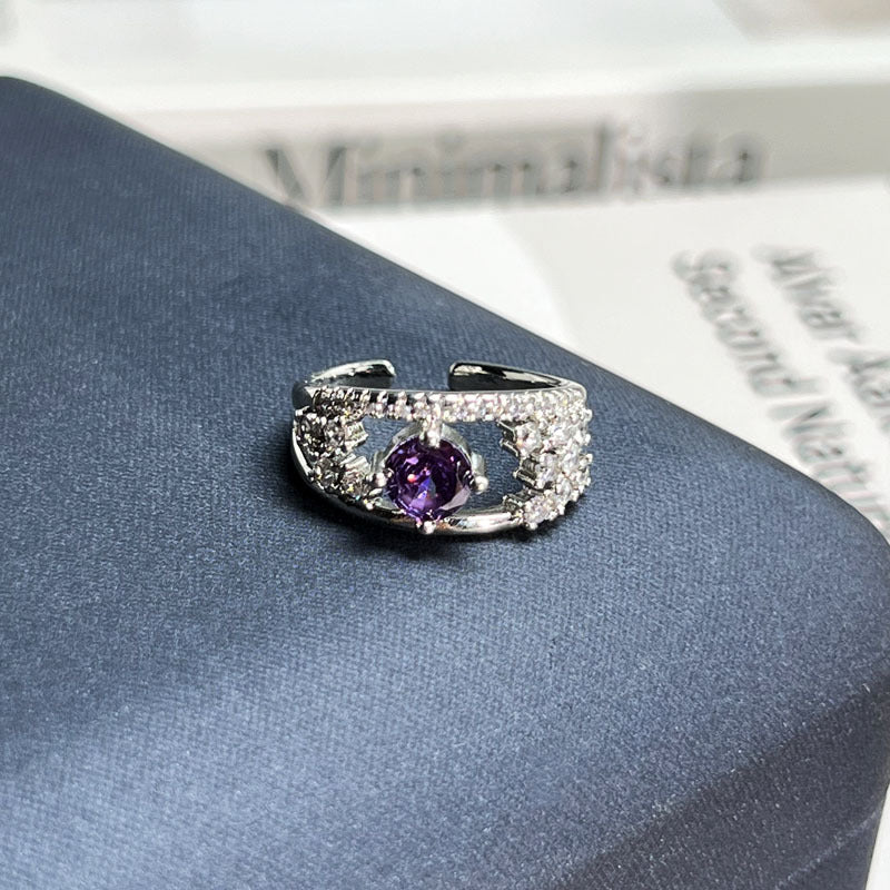 Nine Purple Fire Series Inlaid Purple Rhinestone Open Ring, Sweet Cool Light Luxury High Sense Niche Designer Band, Trendy Adjustable Finger Jewelry For Women Daily Outfit Matching