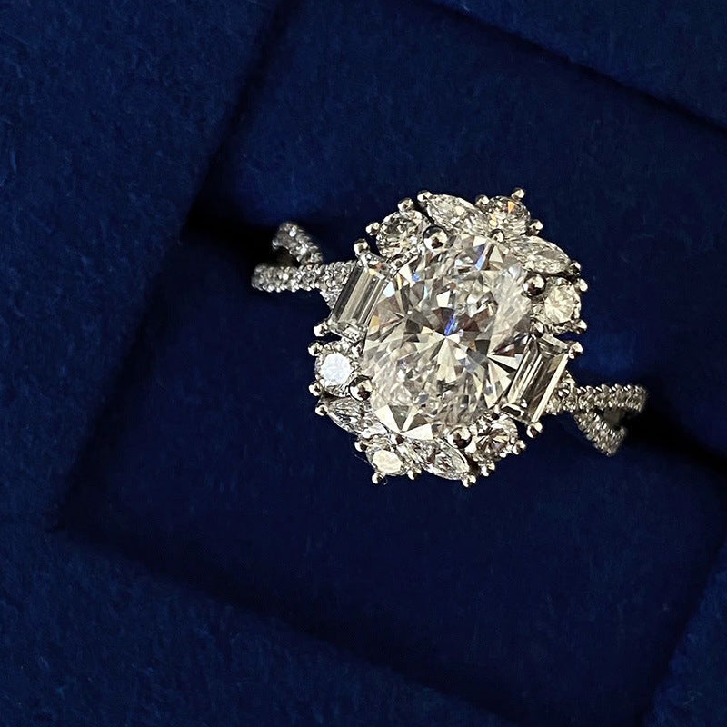 Luxury Design Oval Simulated Moissanite Engagement Ring, White Gold Plated Cluster Zircon Ring For Women, Wholesale