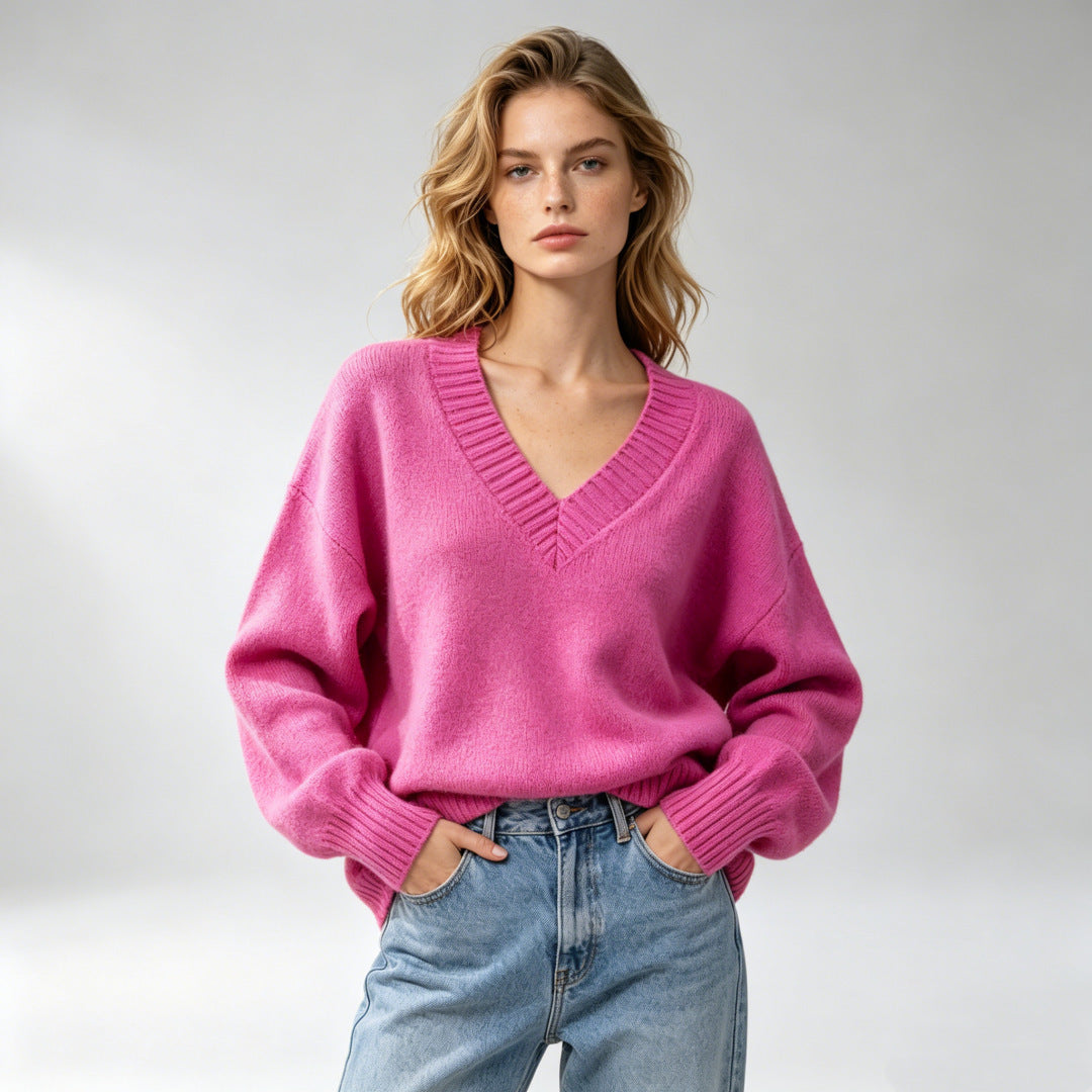 Women's Loose-fit V-neck Casual All-match Knit Sweater