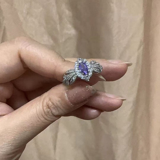 Light Purple Zircon Open Ring, Luxury Elegant Adjustable Band For Women
