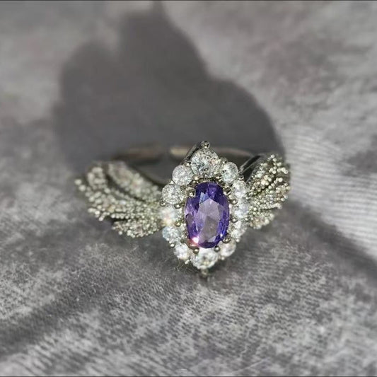 Light Purple Zircon Open Ring, Luxury Elegant Adjustable Band For Women
