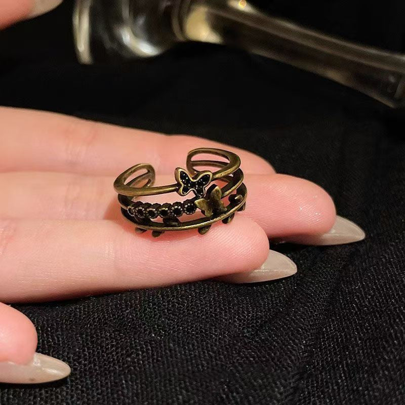 Vintage Butterfly Ring With Moonstone, Antique Gold Plated Adjustable Statement Ring For Women