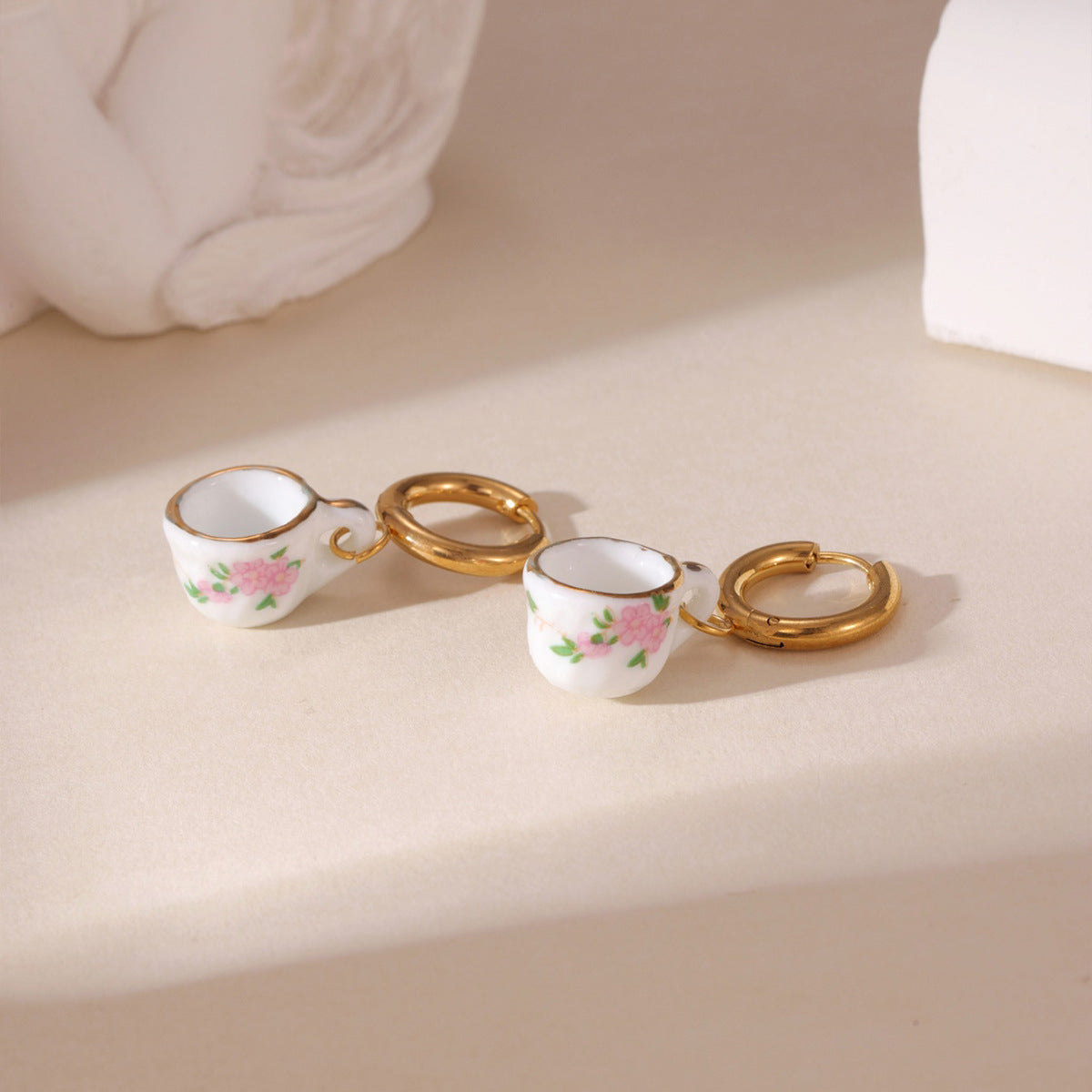 New Chinese Blue And White Porcelain Earrings, 18K Gold Plated Stainless Steel Ceramic Dainty Drop Earrings For Women