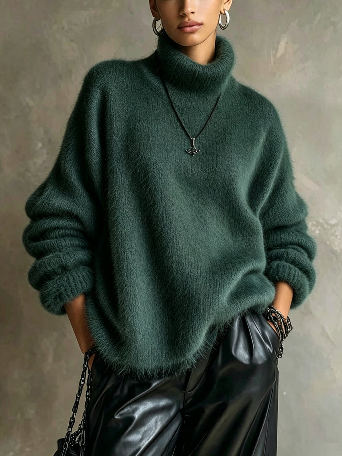Womens Solid-color Loose-fitting Turtleneck Sweater In Soft Plush Knit
