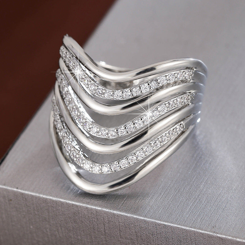 Multi-layer Curved Micro-pave Cubic Zirconia Ring Fashionable Andive Design Perfect For Stacking