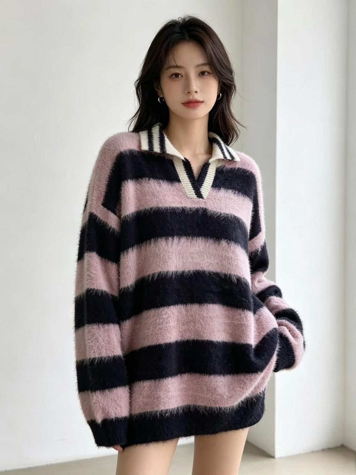 Retro Color-Block Striped Off-Shoulder Pullover Sweater For Women New AutumnWinter Top With Lapel Collar