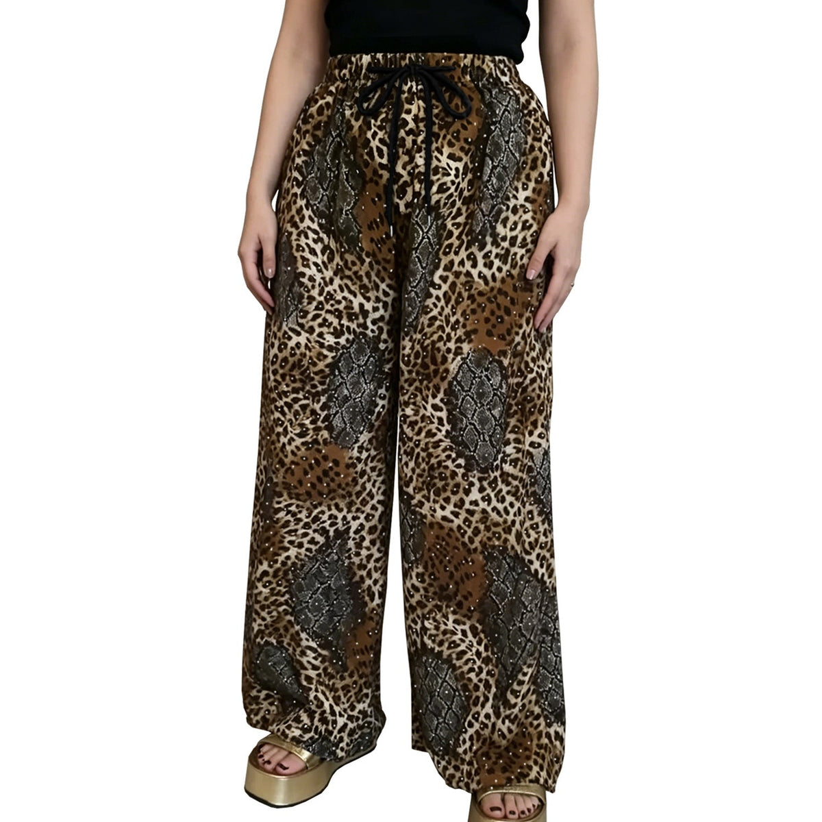 C7768 Cross-border 2026 New Women's Fashion Rhinestone Drawstring Loose Wide-Leg Pants Vintage Animal Print Casual Trousers