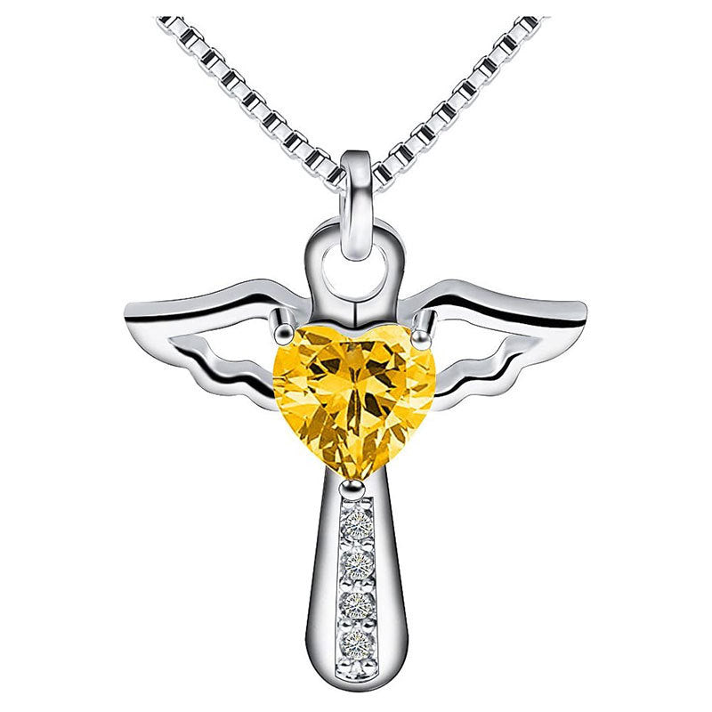 European And American Necklace Cross-border Amazon WISH Cross Wings Peach Heart Necklace Multi-color Zircon Crystal Pendant For Women