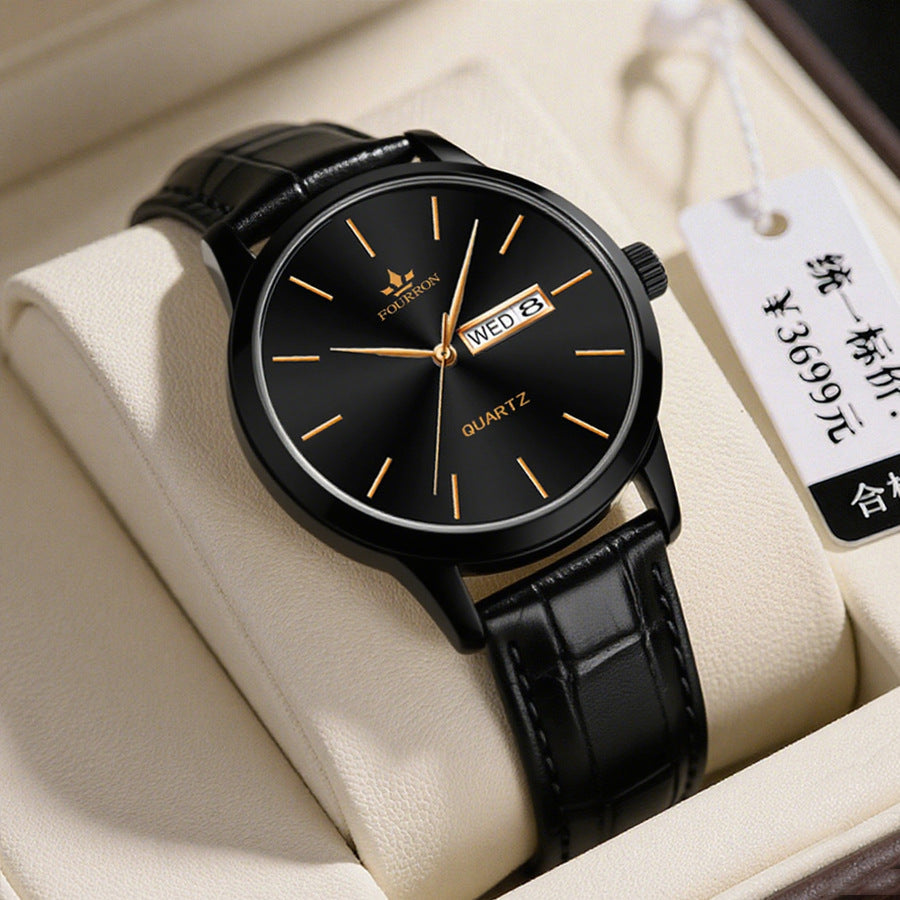 Men's Minimalist Watch With A Dual-calendar Leather Strap