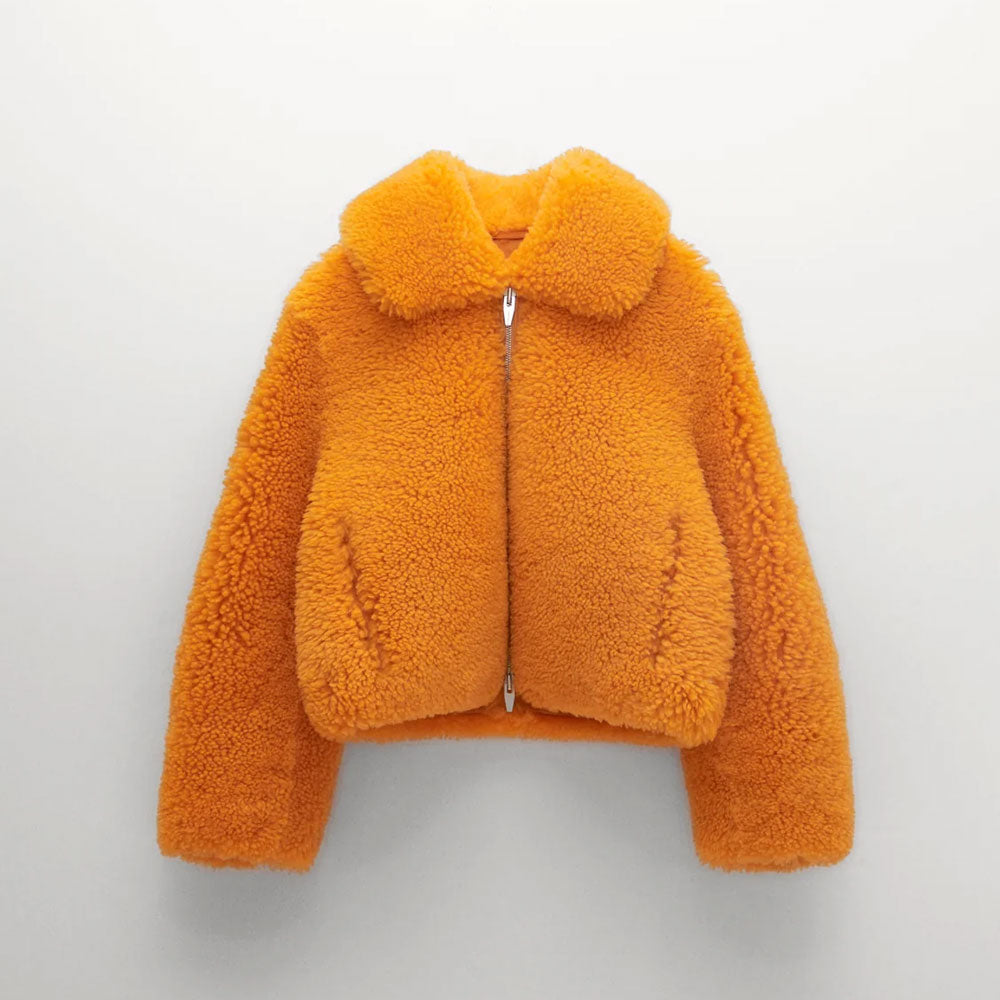 Women’s Orange Winter Fox Fur Shearling Leather Jacket