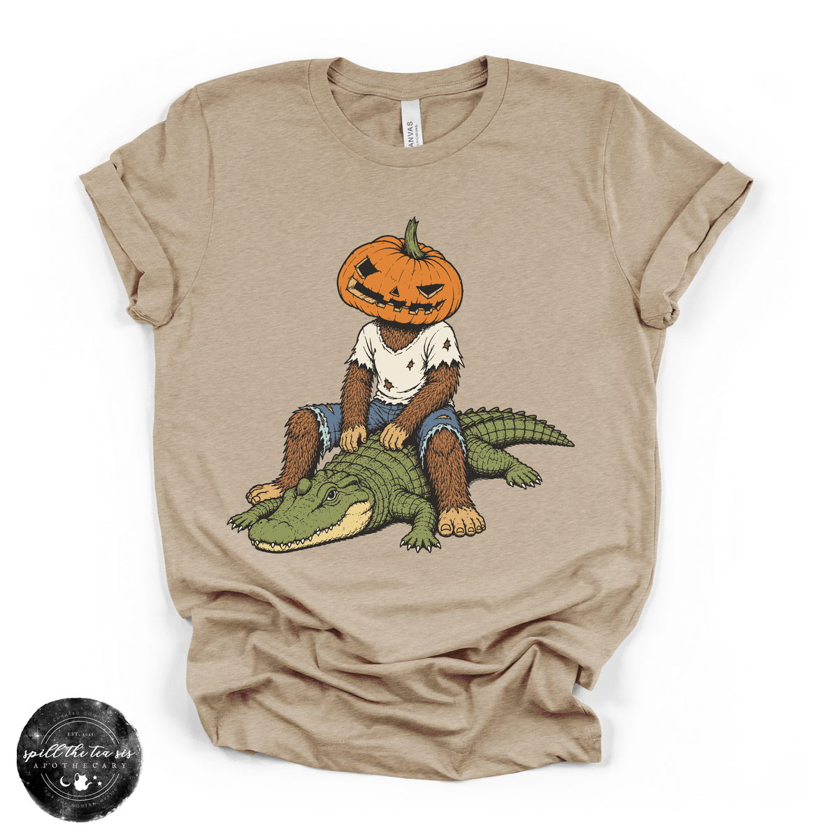 Pumpkin Head Bigfoot on a Crocodile Tee | Funny Cryptid Halloween Graphic T-Shirt