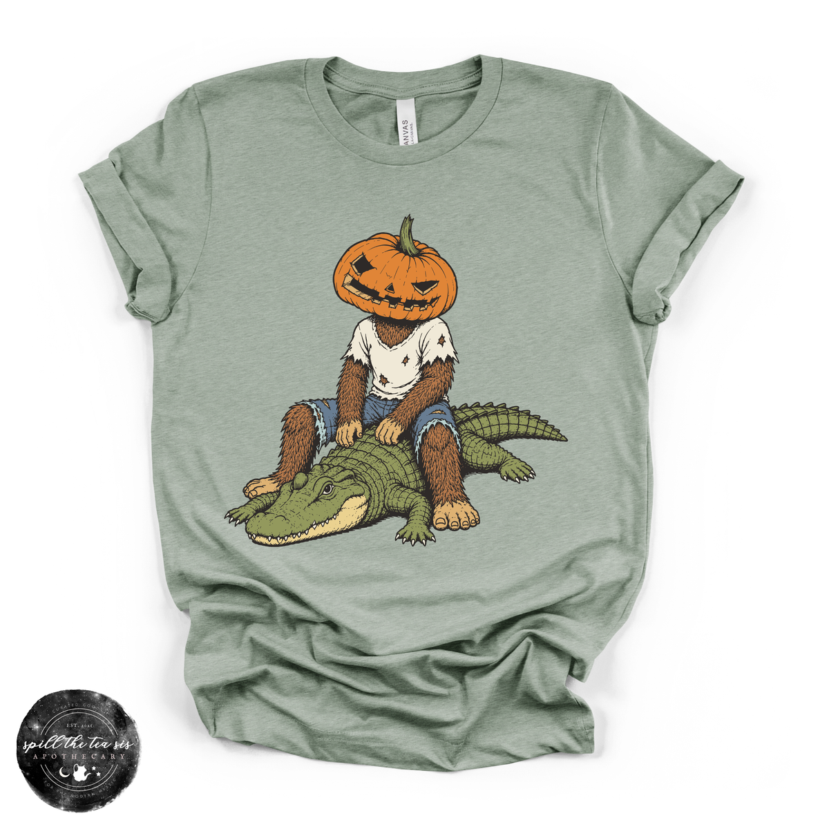 Pumpkin Head Bigfoot on a Crocodile Tee | Funny Cryptid Halloween Graphic T-Shirt